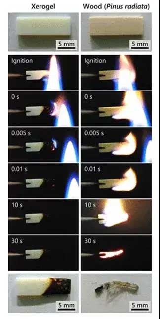 CNF干凝胶和天然木材的可燃性测试